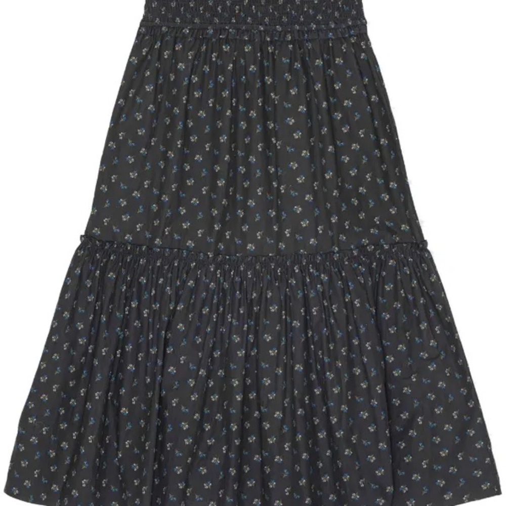 Ganni Black Midi Skirt with Blue Floral Pattern
